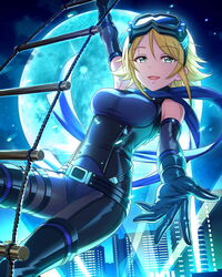  artist_request blonde_hair bodysuit breasts building cityscape elbow_gloves female framed_breasts full_moon gloves goggles goggles_on_head green_eyes idolmaster idolmaster_cinderella_girls medium_breasts moon night official_art open_mouth outstretched_hand rope_ladder scarf smile solo spotlight umeki_otoha 