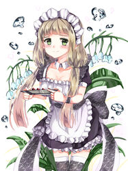  absurdres apron black_dress blush breasts commentary detached_collar dress female floral_background flower gapkim green_eyes grey_thighhighs hair_ornament highres holding holding_plate korean_commentary light_brown_hair long_hair looking_at_viewer low_twintails maid maid_headdress maplestory medium_breasts mixed-language_commentary plate puffy_short_sleeves puffy_sleeves short_dress short_sleeves smile snowbell_(flower) snowdrop_(flower) solo sugar_(maplestory) thighhighs twintails water_drop white_background wristband zettai_ryouiki 