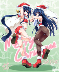  1boy armpits ass blue_hair bodysuit christmas commentary_request dated dual_persona female gender_request gloves hat long_hair merry_christmas midriff navel open_mouth owari_no_chronicle pantyhose ponytail rule_63 sack santa_costume santa_hat shinjou_sadagiri shinjou_sadame shinjou_setsu shirogane_(cufsser) shorts 