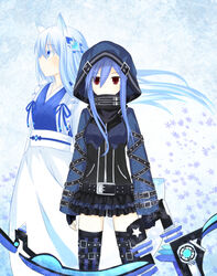  2girls animal_ears belt belt_buckle blue_eyes blue_hair bow buckle commentary_request dress effole_(fairy_fencer_f) fairy_fencer_f fingerless_gloves fox_ears fuji_kakei gloves hair_over_one_eye hood hooded_jacket hoodie jacket karin_(fairy_fencer_f) long_hair multiple_girls red_eyes skirt snowflakes thigh_strap weapon 