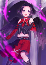  1boy akariko black_gloves black_hair blush boots commentary_request demon_horns elbow_gloves gloves horns idolmaster idolmaster_side-m looking_at_viewer male_focus midriff navel necktie okamura_nao open_mouth purple_eyes shorts solo wings 