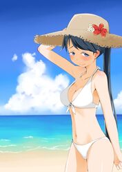  b-man beach bikini black_hair blue_eyes commentary_request day female hat houshou_(kancolle) kantai_collection long_hair outdoors ponytail solo sun_hat swimsuit 