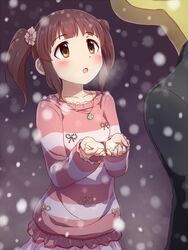  1boy :o blush breath brown_eyes brown_hair commentary_request dani-ikapi female idolmaster idolmaster_cinderella_girls jewelry looking_up necklace ogata_chieri open_mouth p-head_producer producer_(idolmaster) shirt short_hair skirt snow snowing striped_clothes striped_shirt twintails 