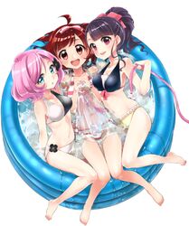  3girls :d ahoge barefoot bikini black_hair blue_eyes blush bob_cut commentary_request flower girl_sandwich hair_flower hair_ornament hair_ribbon hairband hose karakuri_hitoha kasukabe_haru koruri kujou_ume looking_at_viewer multiple_girls navel open_mouth pink_hair ponytail pool red_eyes ribbon sandwiched short_hair smile splashing striped_bikini striped_clothes swimsuit tokyo_7th_sisters wading_pool water 