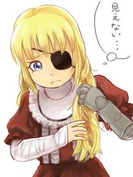  3: battle_angel_alita battle_angel_alita:_mars_chronicle blonde_hair blue_eyes braid commentary_request erika_(gunnm) eyepatch female gothic_lolita hodenasu lolita_fashion looking_to_the_side mechanical_arms single_mechanical_arm translated white_background 