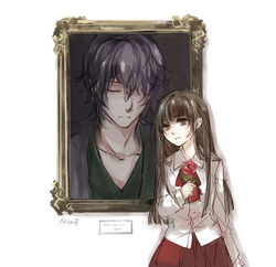  1boy ascot brown_eyes brown_hair closed_eyes collarbone commentary_request female flower garry_(ib) holding holding_flower ib_(ib) ib_(kouri) long_hair long_sleeves painting_(object) photoshop_(medium) portrait_(object) purple_hair red_flower red_rose red_skirt rose shirt signature simple_background skirt white_background white_shirt ycxycf_(night-light) 