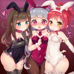  3girls animal_ears ass_visible_through_thighs black_gloves black_legwear black_leotard blue_eyes brown_hair brown_legwear choker commentary_request cowboy_shot detached_collar elbow_gloves frilled_leotard frills glasses gloves grey_hair idol_time_pripara koda_michiru kurosu_aroma leotard multiple_girls necktie pantyhose playboy_bunny ponytail pretty_series pripara purple_eyes purple_leotard purple_necktie rabbit_ears red_hair renoa_yu shiratama_mikan strapless strapless_leotard take_your_pick thighhighs white_gloves white_legwear white_leotard wrist_cuffs yellow_eyes 