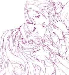  1boy chiyo_(rotsurechiriha) closed_eyes commentary_request couple dokidoki!_precure eyelashes female hair_ornament joe_okada kissing long_hair marie_ange monochrome ponytail precure simple_background straight white_background 