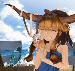  ^_^ alcohol alternate_costume alternate_hairstyle asahi_breweries bad_id bad_pixiv_id bare_shoulders beer beer_can blue_sky blush bottle brown_hair bucket camisole can can_to_cheek closed_eyes cloud day drink_can facing_viewer female grin hair_ornament hair_ribbon holding holding_can horizon horn_ornament horn_ribbon horns ibuki_suika ice kinketsu long_hair ocean outdoors ponytail product_placement ramune ribbon sidelocks sky sleeveless smile solo spaghetti_strap sunlight sweat touhou upper_body 