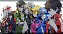  3boys 4girls arms_behind_head azami_(kagerou_project) black_hair blonde_hair blue_eyes blue_hair cellphone closed_eyes commentary_request crossed_arms ene_(kagerou_project) expressionless flower glowing glowing_eyes green_eyes hair_flower hair_ornament hair_ribbon headphones hood hoodie kagerou_project kano_shuuya kisaragi_momo kisaragi_shintarou kozakura_shion letterboxed long_hair looking_away multiple_boys multiple_girls phone ribbon seto_kousuke short_hair side_ponytail smartphone smile sweater twintails white_eyes white_hair wonoco0916 yellow_eyes 