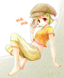  animal_ears barefoot blonde_hair blush_stickers commentary_request crop_top dango feet female flat_cap floppy_ears food hat mg_mg midriff morioka_itari navel orange_shirt rabbit_ears red_eyes ringo_(touhou) shirt short_hair short_sleeves skewer solo touhou wagashi 