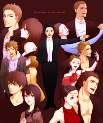  6+boys 6+girls :d akagi_gaju akagi_mako ballroom_e_youkoso black_hair blue_eyes brown_background brown_hair chiru_(sanifani) closed_eyes commentary_request copyright_name earrings everyone eye_contact facing_viewer flower formal fujita_tatara glasses hanaoka_shizuku hands_in_pockets hongou_chizuru hood hoodie hoop_earrings hyoudou_kiyoharu jewelry light_brown_hair long_hair looking_at_another looking_to_the_side multiple_boys multiple_girls open_mouth sengoku_kaname short_hair smile standing straight stud_earrings 