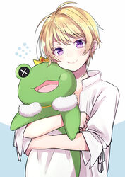  1boy akariko blonde_hair commentary_request crown highres idolmaster idolmaster_side-m kaerre looking_at_viewer male_focus pierre_bichelberger purple_eyes smile solo stuffed_animal stuffed_frog stuffed_toy 