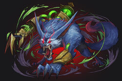  1boy black_pants blue_fur bracer broken claw_(weapon) claws commentary_request furry furry_male glowing gradient_background grey_fur hella_p highres league_of_legends liquid male_focus monster open_mouth pants photoshop_(medium) pointy_ears red_eyes scratches signature smoke solo tail teeth tongue torn_clothes tube warwick weapon 