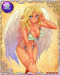  angel angel_wings bare_arms bare_legs bare_shoulders bastard!! bikini blonde_hair blue_eyes breasts card_(medium) cleavage feathers female large_breasts legs long_hair looking_at_viewer michael_(bastard!!) serious simple_background solo standing thighs 