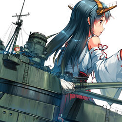  bare_shoulders black_hair brown_eyes cannon commentary_request detached_sleeves fairy_(kancolle) female hair_ornament hairband haruna_(kancolle) headgear highres hino_katsuhiko japanese_clothes kantai_collection long_hair looking_back mecha_musume military nontraditional_miko photoshop_(medium) ribbon-trimmed_sleeves ribbon_trim solo turret 