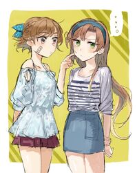  ... 2girls akigumo_(kancolle) alternate_costume alternate_hairstyle arm_behind_back arms_behind_back bad_id bad_twitter_id bandaid bandaid_on_cheek bandaid_on_face bare_shoulders blue_hairband blue_ribbon blue_skirt blush brown_hair cheek_poking closed_mouth collarbone commentary cosplay costume_switch cowboy_shot dress gradient_hair green_eyes hair_down hair_ribbon hairband highres kantai_collection long_hair mole mole_under_eye multicolored_hair multiple_girls oboro_(kancolle) orange_hair pleated_skirt poking red_skirt ribbon shirt short_hair skirt speech_bubble spoken_ellipsis striped_clothes striped_shirt sweat t-shirt tamawo_(mu_gi2) white_dress 