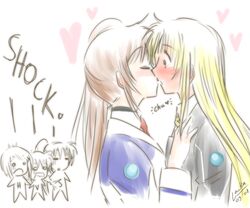  5girls blonde_hair blush brown_hair closed_eyes couple embarrassed fate_testarossa heart kissing long_hair lyrical_nanoha mahou_shoujo_lyrical_nanoha mahou_shoujo_lyrical_nanoha_strikers military_uniform multiple_girls shocked side_ponytail signum surprised takamachi_nanoha uniform vivio wide_eyes yagami_hayate yuri 