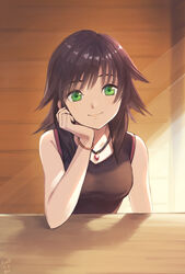  bare_shoulders black_hair black_shirt breasts closed_mouth commentary_request dated female glint gogo_(detteiu_de) green_eyes head_rest highres jewelry kingdom_hearts kingdom_hearts_iii light light_rays looking_at_viewer medium_breasts medium_hair necklace olette shadow shirt signature smile solo 