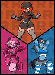  3girls bandana breasts commentary crop_top english_commentary hat highres hood large_breasts midriff multiple_girls navel pantyhose pokemon pokemon_oras red_hair shenanimation shirt skirt striped_clothes striped_pantyhose striped_shirt team_aqua team_aqua_grunt team_aqua_uniform team_magma team_magma_grunt team_magma_uniform team_rocket team_rocket_grunt team_rocket_uniform thighhighs whip 