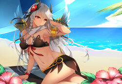  armlet beach beach_umbrella bracelet braid chinese_commentary commentary_request dark_valkyrie_(p&amp;d) day dean_(momodean) female hair_ornament highres jewelry looking_at_viewer md5_mismatch navel outdoors puzzle_&amp;_dragons red_eyes silver_hair single_braid solo towel umbrella valkyrie_(p&amp;d) water 