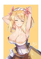  areolae armpits arms_behind_head blonde_hair breasts cleavage closed_eyes commentary endro! fai_fai female hairband highres large_breasts short_hair signature simple_background smile solo strapless tilt-shift_(azalanz) 