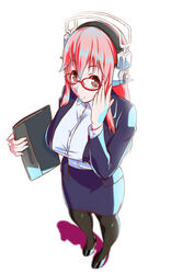  blaccura black_pantyhose breasts commentary_request female formal glasses headphones jacket large_breasts long_hair looking_at_viewer nitroplus office_lady pantyhose pencil_skirt pink_eyes pink_hair skirt skirt_suit smile solo suit super_sonico 