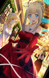  6+girls alternate_costume alternate_hairstyle andrea_doria_(warship_girls_r) bad_id bad_pixiv_id bare_shoulders bismarck_(warship_girls_r) black_dress black_flower black_rose blonde_hair blue_eyes braid breasts chandelier cleavage crown_braid cup dress drink drinking_glass dutch_angle earrings elbow_gloves flower foreshortening gloves glowworm_(warship_girls_r) gown hair_up highres javelin_(warship_girls_r) jewelry lexington_(warship_girls_r) long_hair looking_at_viewer looking_back lu&quot; medium_breasts multiple_girls necklace open_mouth outstretched_arm own_hands_together quincy_(warship_girls_r) red_dress red_gloves richelieu_(warship_girls_r) rodney_(warship_girls_r) rose saratoga_(warship_girls_r) side_ponytail sidelocks smile solo_focus sparkle strapless strapless_dress table tirpitz_(warship_girls_r) twintails v_arms warship_girls_r white_dress wine_glass wreath 