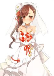  bad_id bad_twitter_id bare_shoulders bouquet breasts bridal_veil bride brown_eyes brown_hair cleavage commentary_request dress elbow_gloves female flower gloves hair_flower hair_ornament highres jewelry long_hair looking_at_viewer nanadonai365 necklace ponytail saionji_reimi smile solo star_ocean star_ocean_anamnesis star_ocean_the_last_hope strapless strapless_dress veil wedding_dress white_dress white_flower white_gloves 