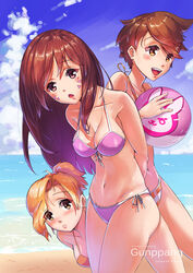  3girls absurdres alternate_eye_color arms_behind_back artist_name bad_id bad_pixiv_id ball beach beachball bikini blue_sky blush breasts brown_eyes brown_hair chestnut_mouth cloud collarbone commentary_request cowboy_shot d.va_(overwatch) day ear_piercing eyes_visible_through_hair facial_mark front-tie_bikini_top front-tie_top gunppang high_ponytail highres holding korean_commentary leaning_forward long_hair looking_at_viewer making-of_available medium_breasts mercy_(overwatch) multiple_girls navel ocean open_mouth orange_bikini outdoors overwatch overwatch_1 piercing purple_bikini side-tie_bikini_bottom signature sky smile spiked_hair strap_gap string_bikini striped_bikini striped_clothes swept_bangs swimsuit tracer_(overwatch) whisker_markings 