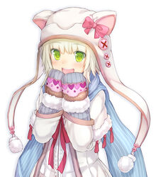  animal_hat blue_scarf blush bow capelet commentary_request female green_eyes hat heart highres looking_at_viewer mittens momoiro_taisen_pairon namaru_(summer_dandy) open_mouth original photoshop_(medium) scarf short_hair simple_background smile solo striped_clothes striped_scarf twintails white_background white_hair winter_clothes 