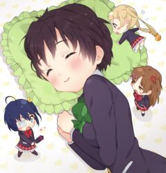  4girls anger_vein bad_id bad_pixiv_id black_hair blush_stickers chibi chuunibyou_demo_koi_ga_shitai! closed_eyes dekomori_sanae frilled_pillow frills icho_private_high_school_uniform mini_person minigirl mirei multiple_girls nibutani_shinka pillow school_uniform short_hair sleeping takanashi_rikka tsuyuri_kumin 