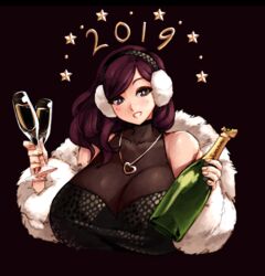  2019 alcohol bangs bare_shoulders beryl_(junkpuyo) black_dress blue_eyes blush bodystocking breasts champagne champagne_bottle champagne_flute cup dress drinking_glass earmuffs feather_boa female halterneck happy_new_year head_tilt highres huge_breasts jewelry junkpuyo lips long_hair looking_at_viewer medium_hair necklace new_year original pendant purple_hair see-through smile solo strapless strapless_dress swept_bangs 