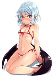  bare_arms bare_legs bare_shoulders bat_wings bikini black_wings blue_hair blush breasts collarbone commentary_request female front-tie_bikini_top front-tie_top full_body hair_between_eyes halterneck looking_at_viewer low_wings micro_bikini navel no_headwear nose_blush opanchu_(hakusen) pointy_ears red_eyes remilia_scarlet shadow short_hair side-tie_bikini_bottom simple_background sitting small_breasts solo stomach string_bikini sweatdrop swimsuit thighs touhou underboob v-shaped_eyebrows wariza white_background white_bikini wings 