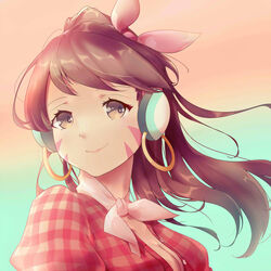  breasts brown_eyes brown_hair cleavage closed_mouth collarbone commentary_request cruiser_d.va d.va_(overwatch) earrings female floating_hair gradient_background head_scarf headphones hoop_earrings jewelry long_hair looking_at_viewer medium_breasts official_alternate_costume overwatch overwatch_1 pink_lips plaid plaid_shirt ponytail puffy_sleeves red_shirt shirt smile solo swept_bangs upper_body wind zhong_chai 