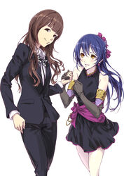  2girls black_bow black_bowtie black_dress black_gloves blazer blue_hair blunt_bangs blush bow bowtie brown_eyes brown_hair chilhoo88 collared_shirt commentary_request dress earrings elbow_gloves flower_earrings formal gloves hair_between_eyes hair_ornament highres holding_hands jacket jewelry long_hair long_sleeves looking_at_viewer love_live! love_live!_school_idol_project mimori_suzuko multiple_girls pant_suit pants polka_dot polka_dot_bow polka_dot_bowtie real_life sash shirt simple_background sleeveless sleeveless_dress smile soldier_game sonoda_umi suit traditional_bowtie voice_actor voice_actor_connection white_background 