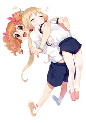  2girls :3 \m/ ^^^ assisted_stretching asymmetrical_footwear back-to-back bad_id bad_pixiv_id blonde_hair blue_bow blue_shorts blush bow bracelet breasts brown_eyes brown_hair carrying closed_eyes foreshortening from_above furururu futaba_anzu green_bow gym_shorts gym_uniform hair_bobbles hair_ornament hairbow highres idolmaster idolmaster_cinderella_girls jewelry lifting_person locked_arms long_hair looking_at_viewer low_twintails medium_breasts mismatched_footwear moroboshi_kirari multiple_girls nail_polish open_mouth panties pink_bow pink_footwear pink_panties shiny_skin shirt shoes short_sleeves shorts simple_background sleeping small_breasts sneakers socks standing stretching t-shirt twintails underwear v-shaped_eyebrows very_long_hair white_background white_legwear white_shirt zzz 