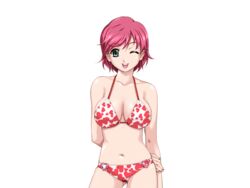  bare_shoulders bikini breasts female game_cg green_eyes happoubi_jin iihara_nao large_breasts legs looking_at_viewer open_mouth pink_hair resort_boin short_hair simple_background smile solo standing swimsuit thighs white_background wink 