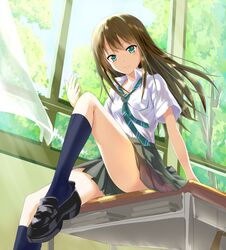  black_socks bluekalmia blush breasts brown_hair closed_mouth commentary_request day derivative_work desk female green_eyes green_necktie idolmaster idolmaster_cinderella_girls loafers long_hair looking_at_viewer necktie on_desk school_desk school_uniform shibuya_rin shirt shoes short_sleeves sitting small_breasts smile socks solo sunlight tree white_shirt window 