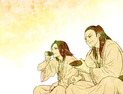  2boys alcohol alternate_universe brothers chinese_clothes closed_mouth commentary_request cup drinking ei_sei_(kingdom) furrowed_brow good_end hair_slicked_back half_updo holding indian_style kingdom_(series) long_hair long_sleeves looking_afar male_focus manly monochrome multiple_boys pinya sakazuki seikyou_(kingdom) siblings side-by-side sitting smile wide_sleeves 