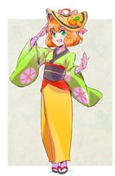  ahoge amigasa commentary_request curly_hair female food freckles fruit full_body green_eyes hat highres iesupa japanese_clothes kimono looking_at_viewer open_mouth orange_(fruit) orange_hair penny_polendina rwby sandals short_hair smile solo wide_sleeves 