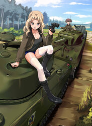  2girls absurdres alisa_(girls_und_panzer) arm_support bad_id bad_pixiv_id binoculars blonde_hair blush boots breasts brown_hair cleavage cloud day emblem girls_und_panzer grey_eyes grin hatch highres hill holding holding_binoculars jacket kay_(girls_und_panzer) large_breasts long_hair looking_at_viewer m4_sherman military military_uniform military_vehicle motor_vehicle multiple_girls on_vehicle open_clothes open_jacket outdoors patch path road saunders_(emblem) saunders_military_uniform sherman_firefly short_hair short_shorts short_twintails shorts shoulder_patch sitting sky smile tank tanker_jacket thighhighs tree twintails uniform variant_set white_legwear yewang19 