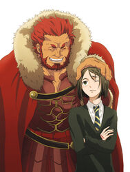  2boys beard black_hair bob_cut cape command_spell commentary_request facial_hair fate/zero fate_(series) green_eyes hand_on_another&#039;s_head headpat iskandar_(fate) male_focus multiple_boys necktie one_eye_closed photoshop_(medium) red_hair sweater waver_velvet yoi_(207342) 