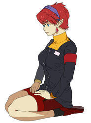  armband bad_id bad_pixiv_id bike_shorts blazer blue_eyes blue_hairband chisato_madison commentary_request earrings female hairband jacket jewelry pointy_ears red_armband red_footwear red_hair red_shorts reporter seiza short_hair shorts simple_background sitting solo star_ocean star_ocean_the_second_story tanokura_mon white_background 