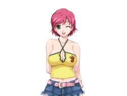  bare_shoulders belt breasts cleavage female game_cg green_eyes happoubi_jin iihara_nao large_breasts legs looking_at_viewer navel open_mouth pink_hair resort_boin short_hair simple_background skirt smile solo standing thighs white_background wink 