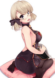  azur_lane backless_outfit bare_shoulders black_bow black_eyes black_pantyhose black_shirt black_skirt blouse bow breasts commentary_request female from_behind glasses hairbow hat highres holding holding_clothes holding_hat insignia light_brown_hair lips looking_at_viewer looking_back medium_hair military_hat nksk official_alternate_costume on_pillow open_mouth pantyhose pantylines peaked_cap pencil_skirt pillow rimless_eyewear shirt side_slit sideboob simple_background single_horizontal_stripe sitting skirt sleeveless sleeveless_shirt smile solo unworn_hat unworn_headwear wariza white_background white_hat z23_(azur_lane) z23_(philosophy_sensei)_(azur_lane) 