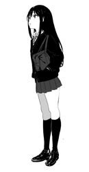  bad_id bad_twitter_id bag cardigan earrings female full_body greyscale hands_in_pockets highres idolmaster idolmaster_cinderella_girls jewelry kneehighs loafers long_hair mebae monochrome necklace necktie parted_lips pleated_skirt school_bag school_uniform shibuya_rin shoes simple_background skirt socks solo white_background 