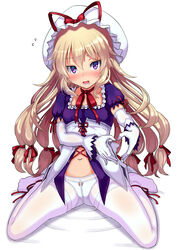  aged_down ankle_ribbon blonde_hair bow bow_panties breasts choker collarbone commentary_request corset crotch_seam detached_sleeves dress female flying_sweatdrops frills full_body gloves hair_between_eyes hair_ribbon hat hat_bow hat_ribbon heart heart_hands leg_ribbon long_hair looking_at_viewer low-tied_long_hair mob_cap navel neck_ribbon no_shoes opanchu_(hakusen) open_mouth panties panties_under_pantyhose pantyhose puffy_short_sleeves puffy_sleeves purple_dress purple_eyes red_bow red_choker red_ribbon ribbon ribbon_choker ripples short_sleeves simple_background sitting small_breasts solo thighband_pantyhose thighs touhou underwear wariza white_background white_gloves white_hat white_panties white_pantyhose white_sleeves yakumo_yukari yakumo_yukari_(young) 