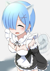  ^_^ animal_ears apron blue_hair blush breasts closed_eyes commentary detached_sleeves dress fake_animal_ears female frilled_sleeves frills from_above hair_ornament hair_over_one_eye highres kashiwamochi_(kashiwakashiwa) kemonomimi_mode maid medium_breasts open_mouth pantyhose re:zero_kara_hajimeru_isekai_seikatsu rem_(re:zero) ribbon roswaal_mansion_maid_uniform short_hair smile solo tail tail_wagging x_hair_ornament 