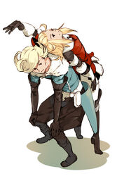  1boy back-to-back blonde_hair bravely_default:_flying_fairy bravely_default_(series) commentary_request edea_lee female gloves long_hair pantyhose ringabel sio_1234 smile 